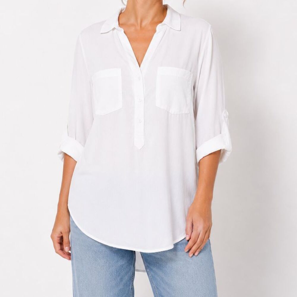 Side Stitch White Lyocell Popover Blouse XL Roll Tab Sleeve Collared Tunic Top